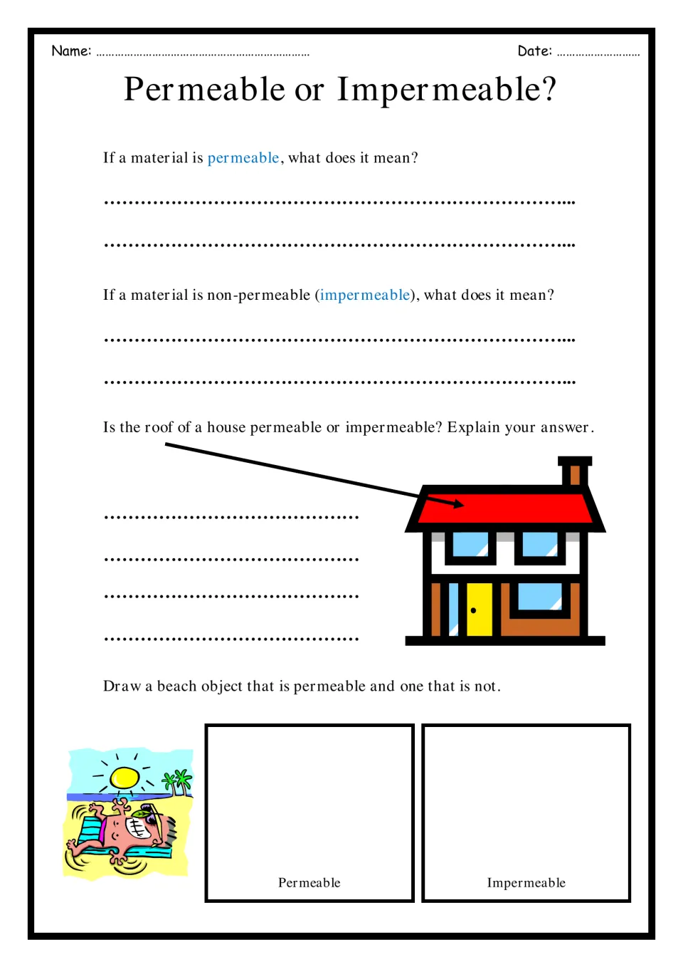 Permeability: students define permeable and impermeable, explain whether a house roof is permeable, then draw beach items