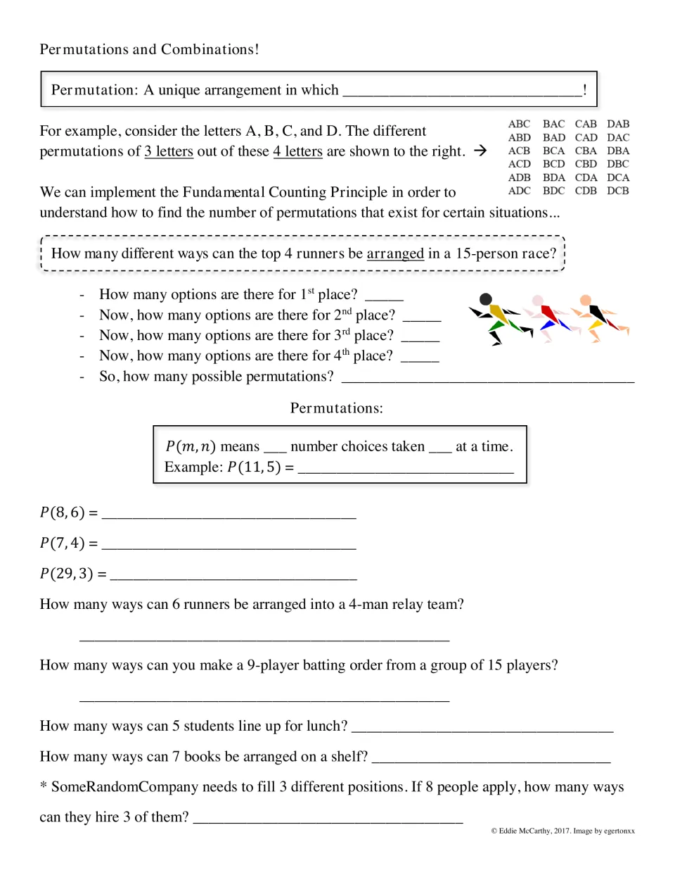 Guided notes on permutations: arranging the top 4 runners in a 15-person race and evaluating P(8,6).