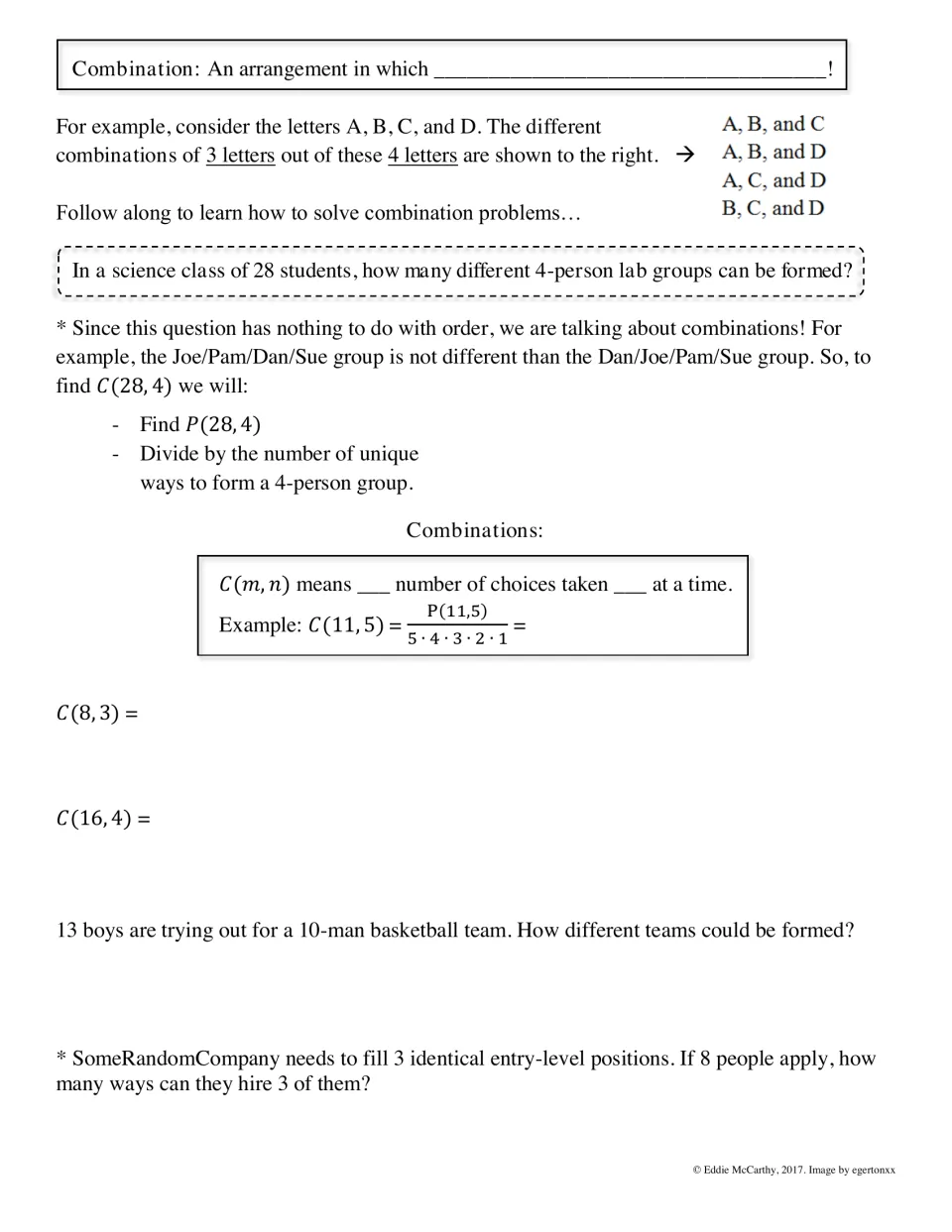 Guided notes on combinations: forming 4-person lab groups from 28 students and evaluating C(8,3).