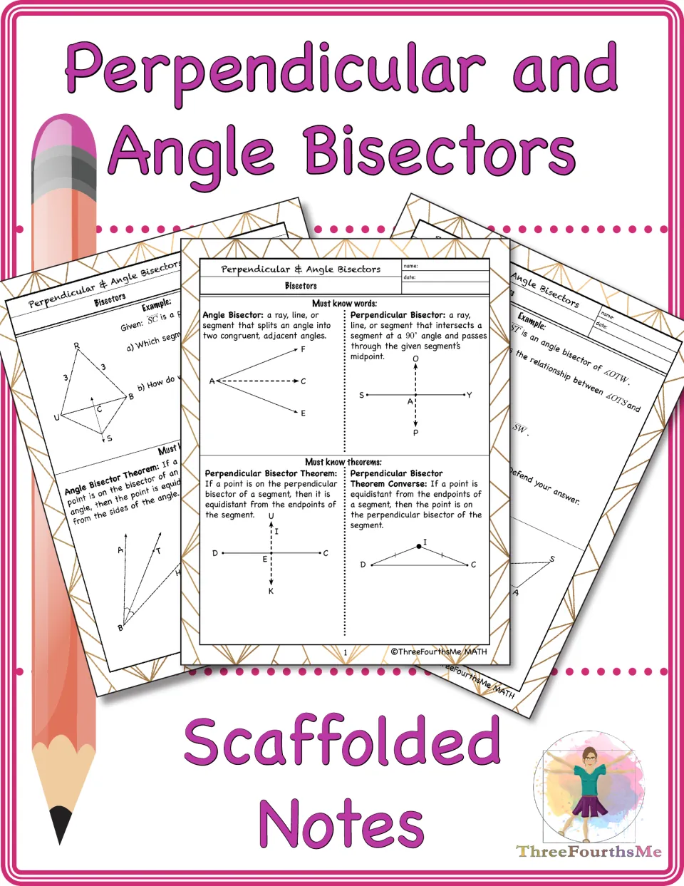 Cover of Perpendicular and Angle Bisectors Scaffolded Notes showing note pages with bisector definitions and examples