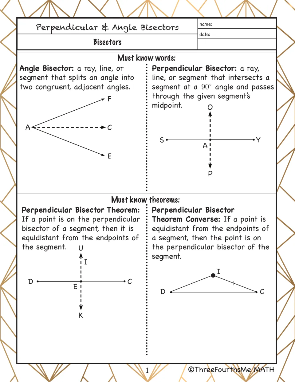 Bisector notes: students mark diagrams defining angle and perpendicular bisectors and the perpendicular bisector theorem
