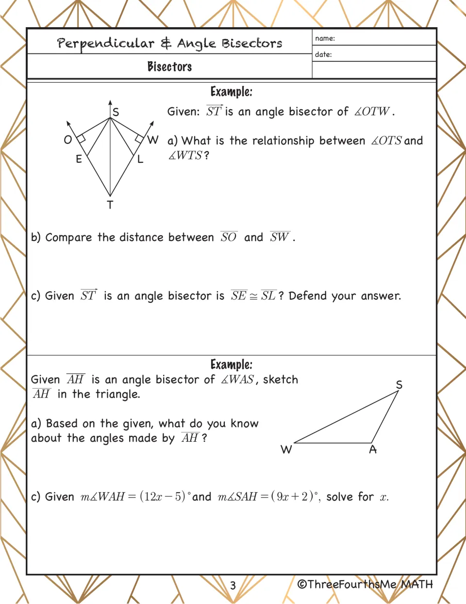 Angle bisector examples: students compare angles and distances, sketch bisector AH and solve for x in an angle equation