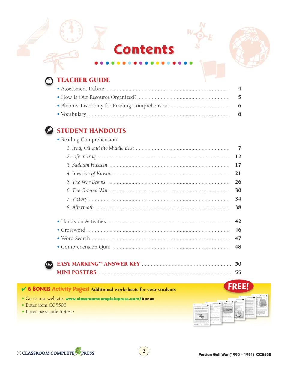 Contents listing teacher guide pages, eight reading chapters from Iraq, Oil and the Middle East to Aftermath, quiz and key