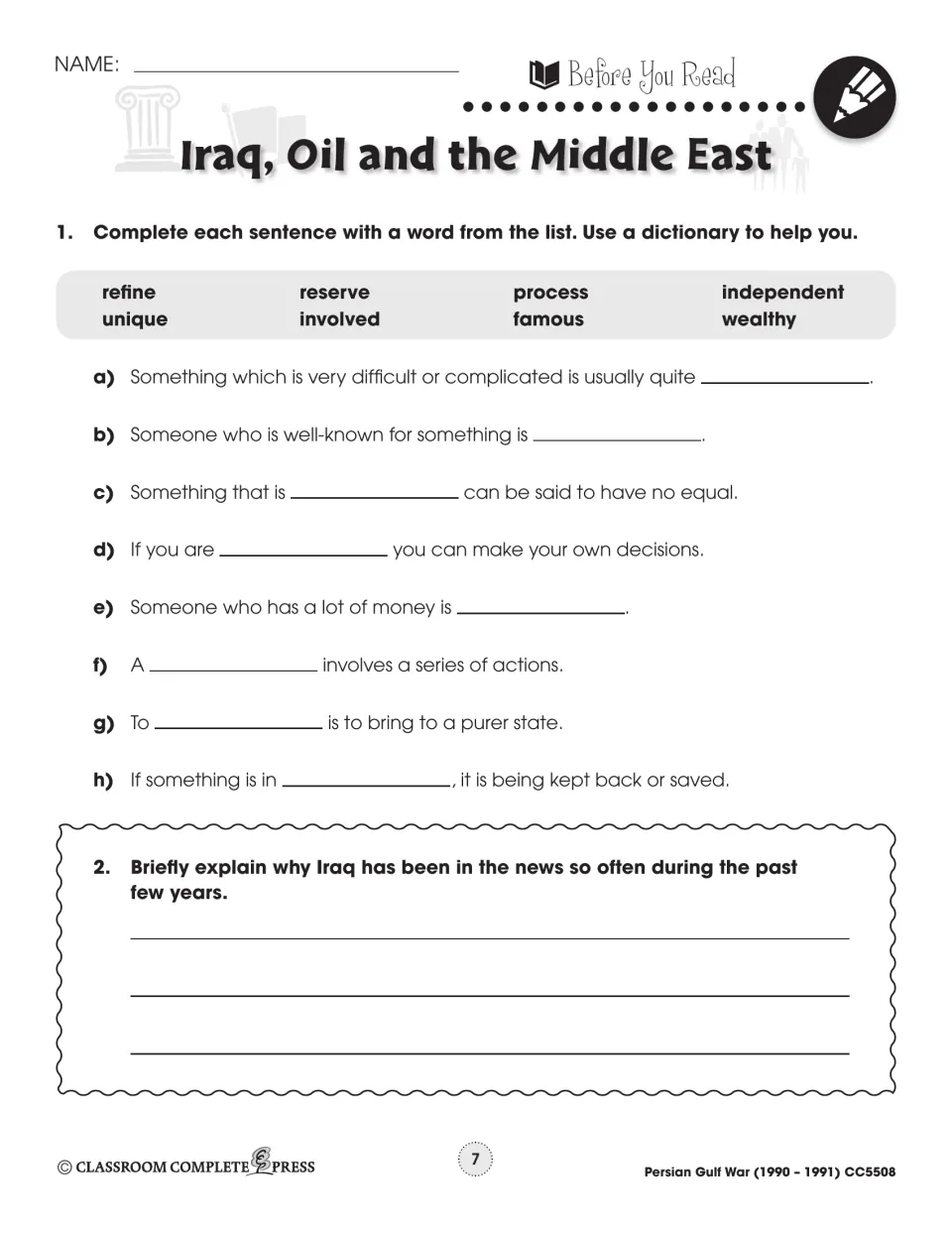 Iraq, Oil and the Middle East vocabulary: students fill eight sentences with words like refine, unique and wealthy