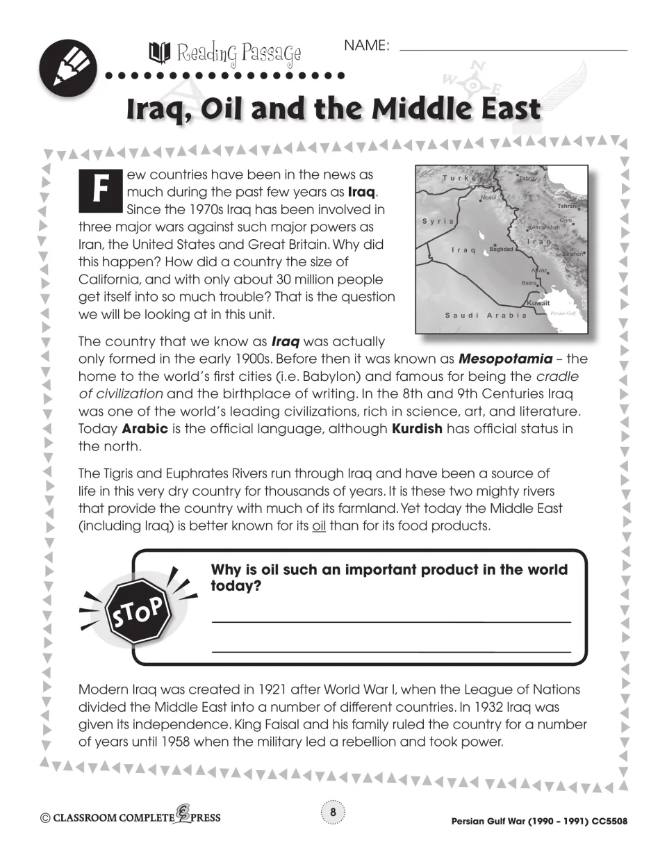 Iraq's history as Mesopotamia, the Tigris and Euphrates, and oil: students read with a map and answer a stop question
