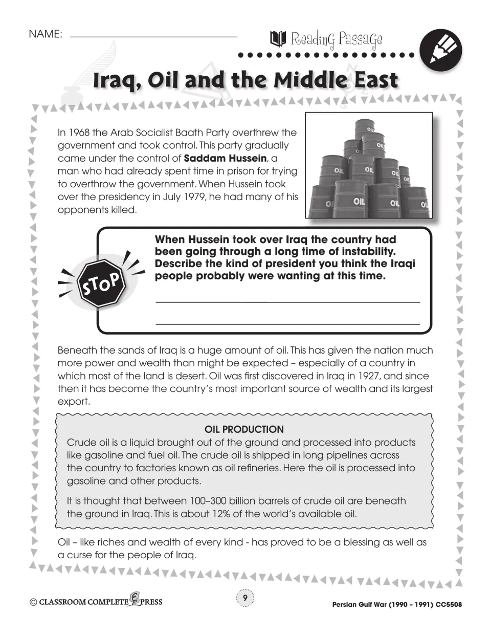 Saddam Hussein's rise and Iraq's oil wealth: students read an oil production fact panel and answer a stop question