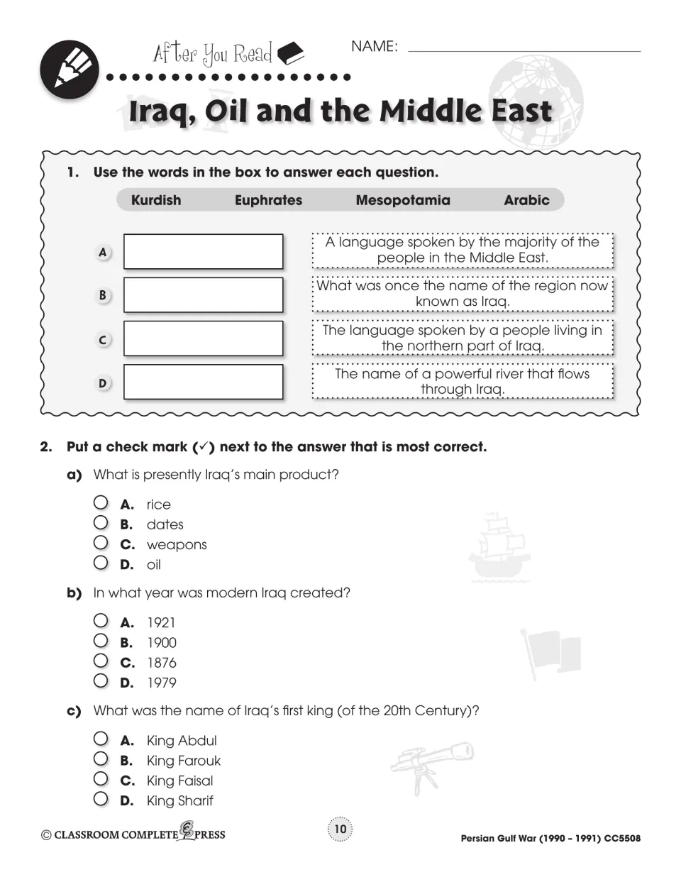 Iraq recall: students match four terms like Mesopotamia to clues, then answer multiple choice on oil and King Faisal