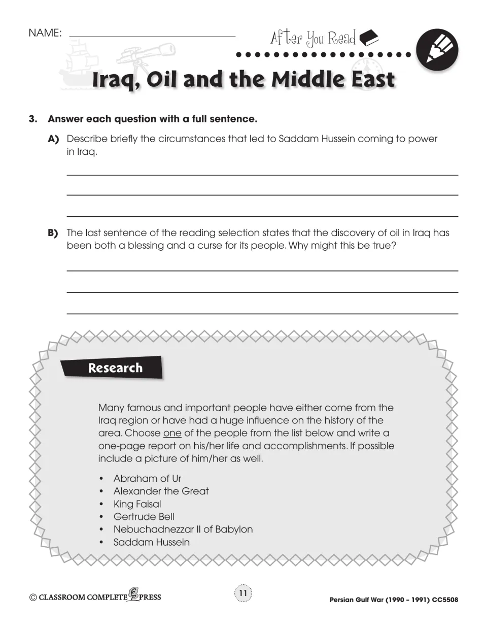 Saddam's rise and oil as blessing and curse: students write full-sentence answers and a one-page report on a figure