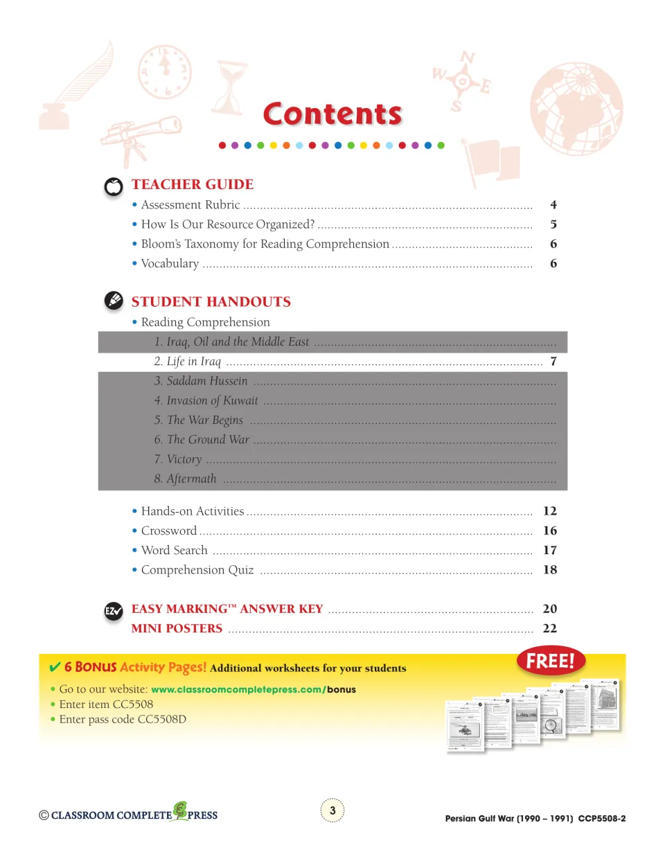 Contents listing teacher guide pages, eight reading topics and the quiz, with 'Life in Iraq' on page 7