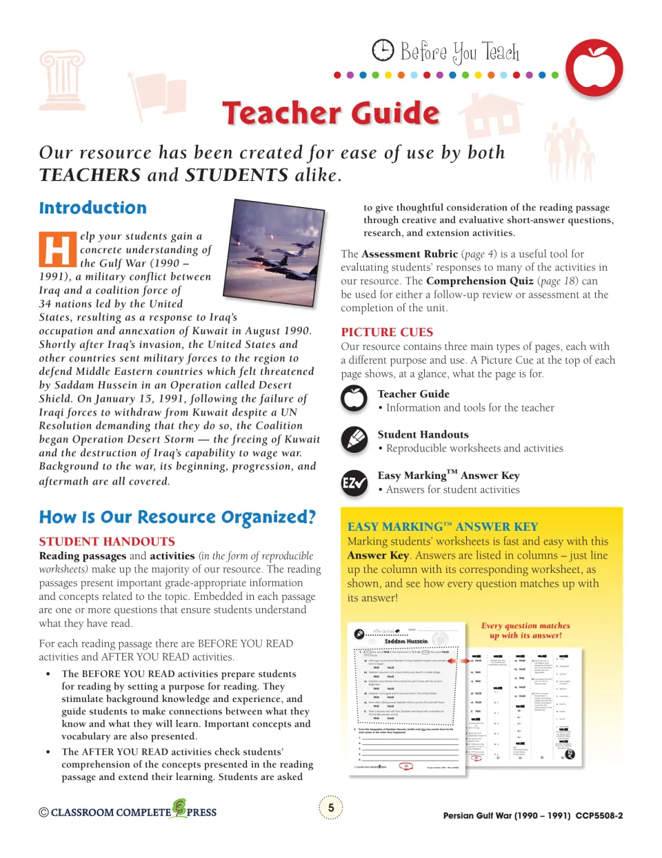 Teacher guide: Gulf War introduction and how Before You Read, reading passage and After You Read pages are organized