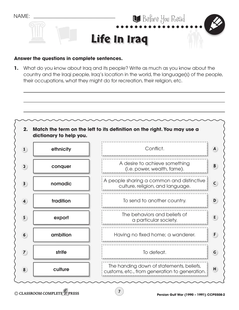 Before You Read for Life in Iraq: what do you know about Iraq, plus 8 terms to match, like nomadic and strife