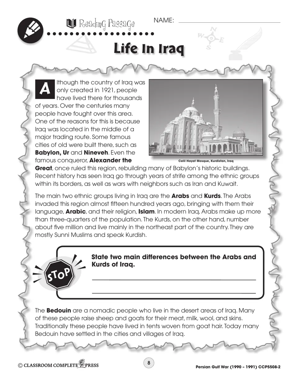 Life in Iraq reading part 1: Babylon, Ur and Nineveh, Arabs and Kurds, the Bedouin, with a Kurdistan mosque photo