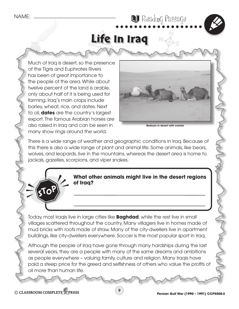 Life in Iraq reading part 2: Tigris and Euphrates, crops, desert animals and city life, with a Bedouin camel photo