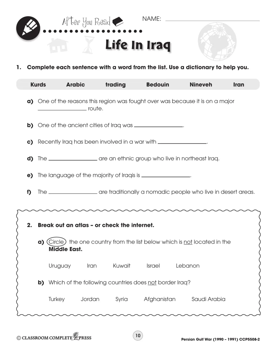 After You Read for Life in Iraq: six fill-ins using Kurds, Arabic, Bedouin and more, plus two atlas questions