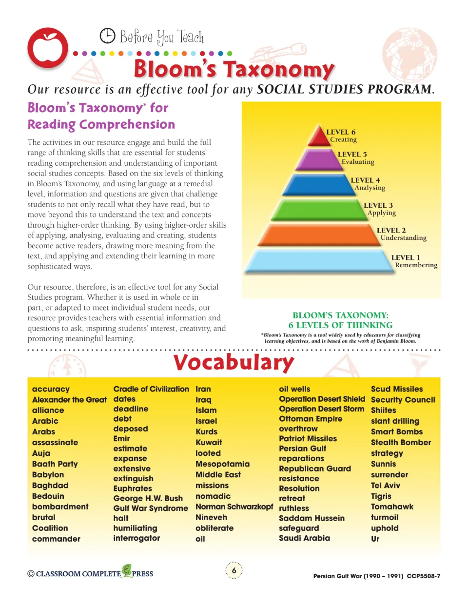 Bloom's Taxonomy six-level pyramid and unit vocabulary list: accuracy, Coalition, Operation Desert Storm and more