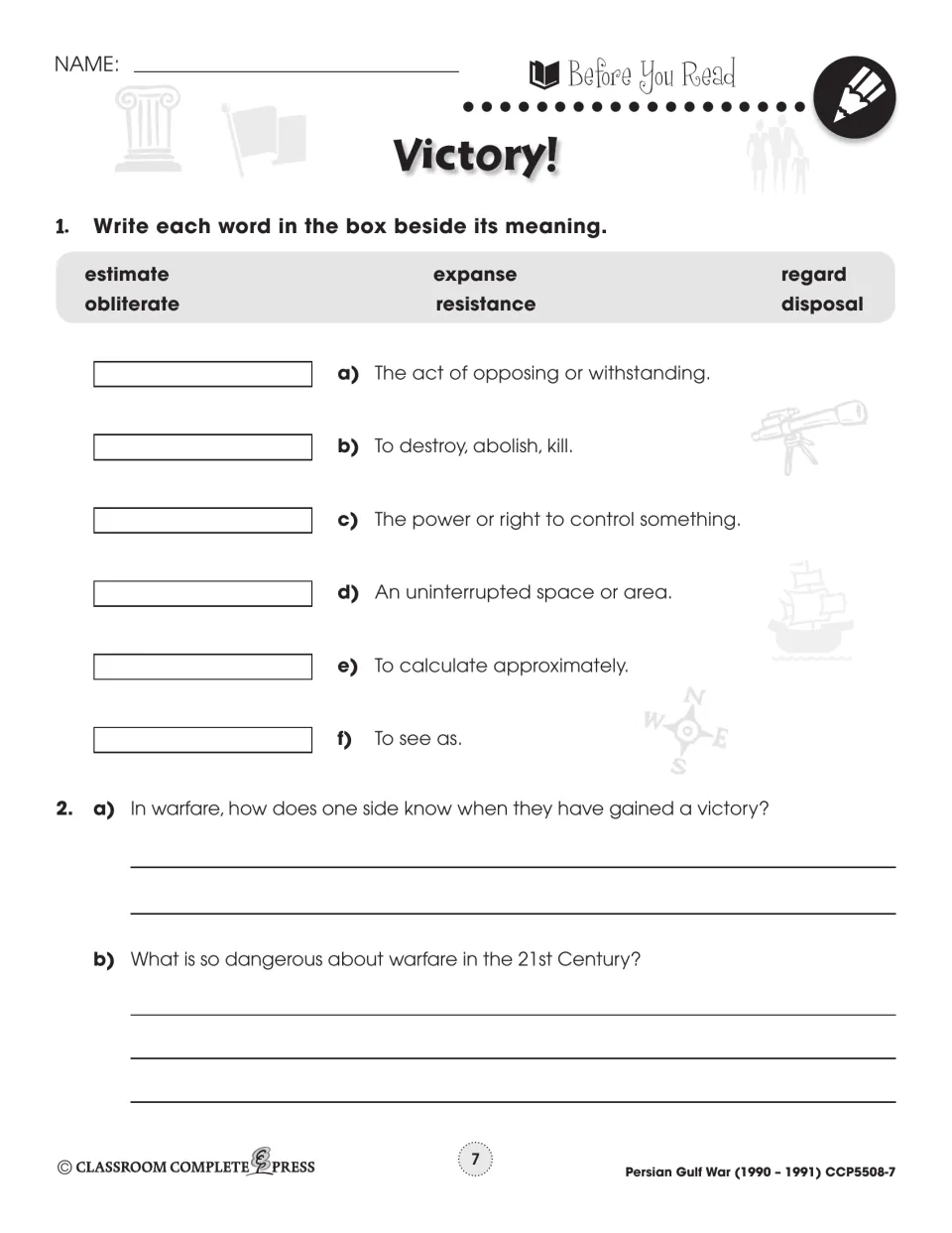 Before You Read: match estimate, expanse, obliterate and 3 more words to meanings, then 2 warfare questions
