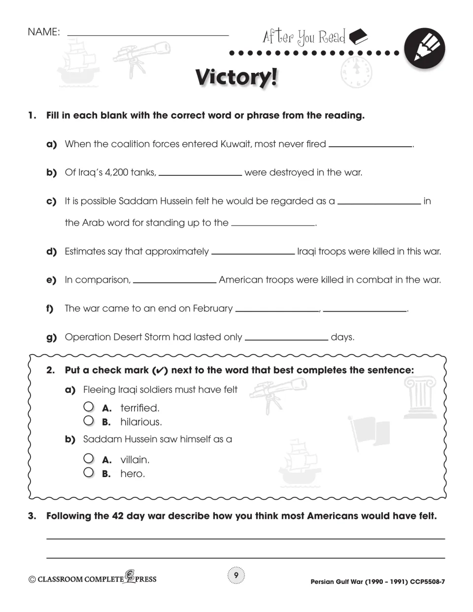 After You Read: 7 fill-in-the-blank facts, 2 multiple-choice items and how Americans felt after the 42-day war
