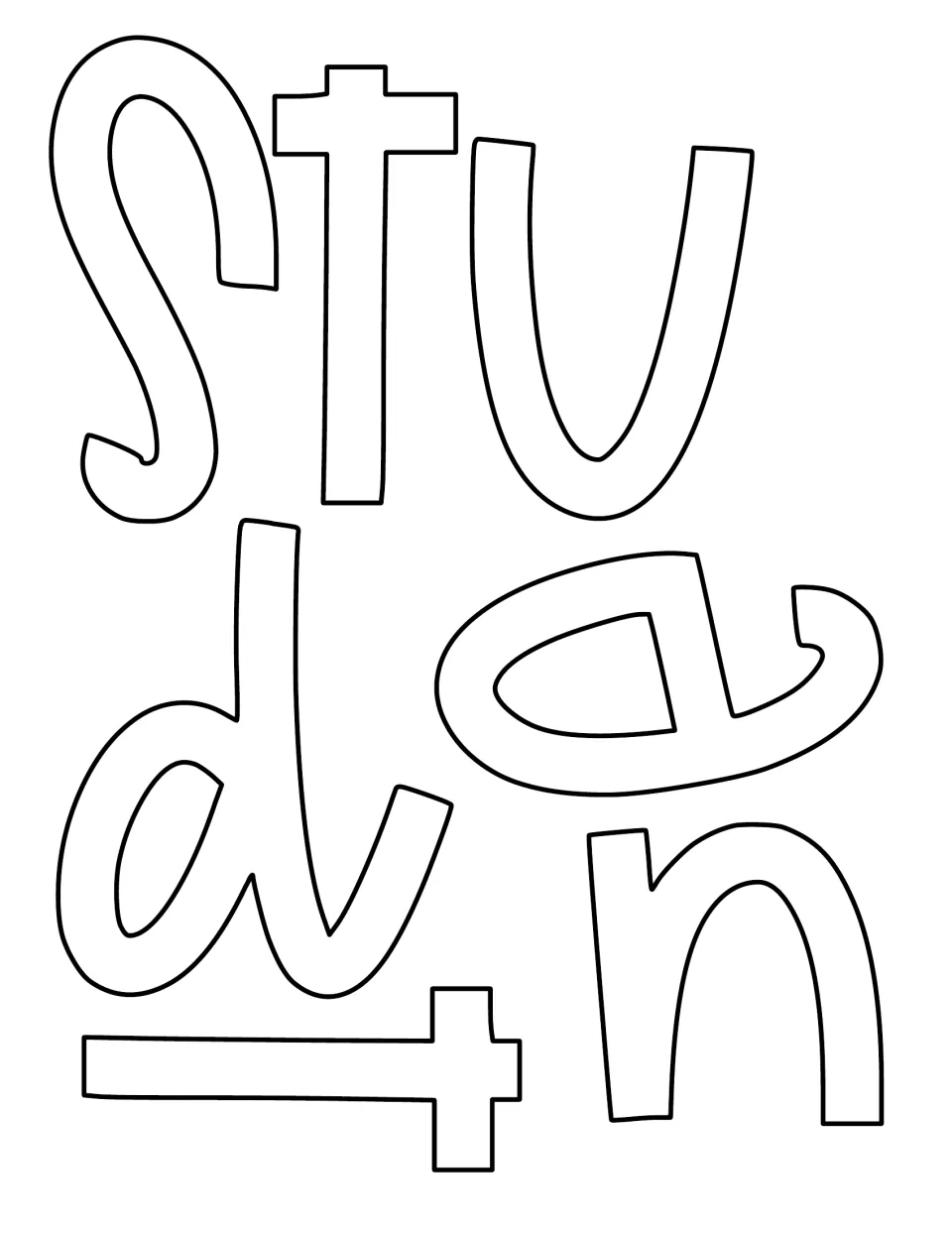 Cut-out piece: blank outline letters s, t, u, d, e, n, t spelling "student" for students to color and cut out