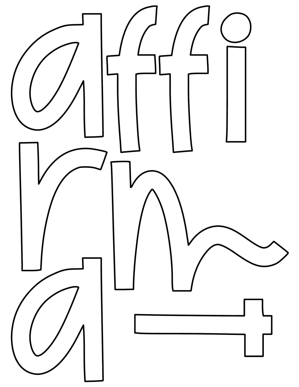 Cut-out piece: blank outline letters a, f, f, i, r, m, a, t that begin the word "affirmations" for coloring