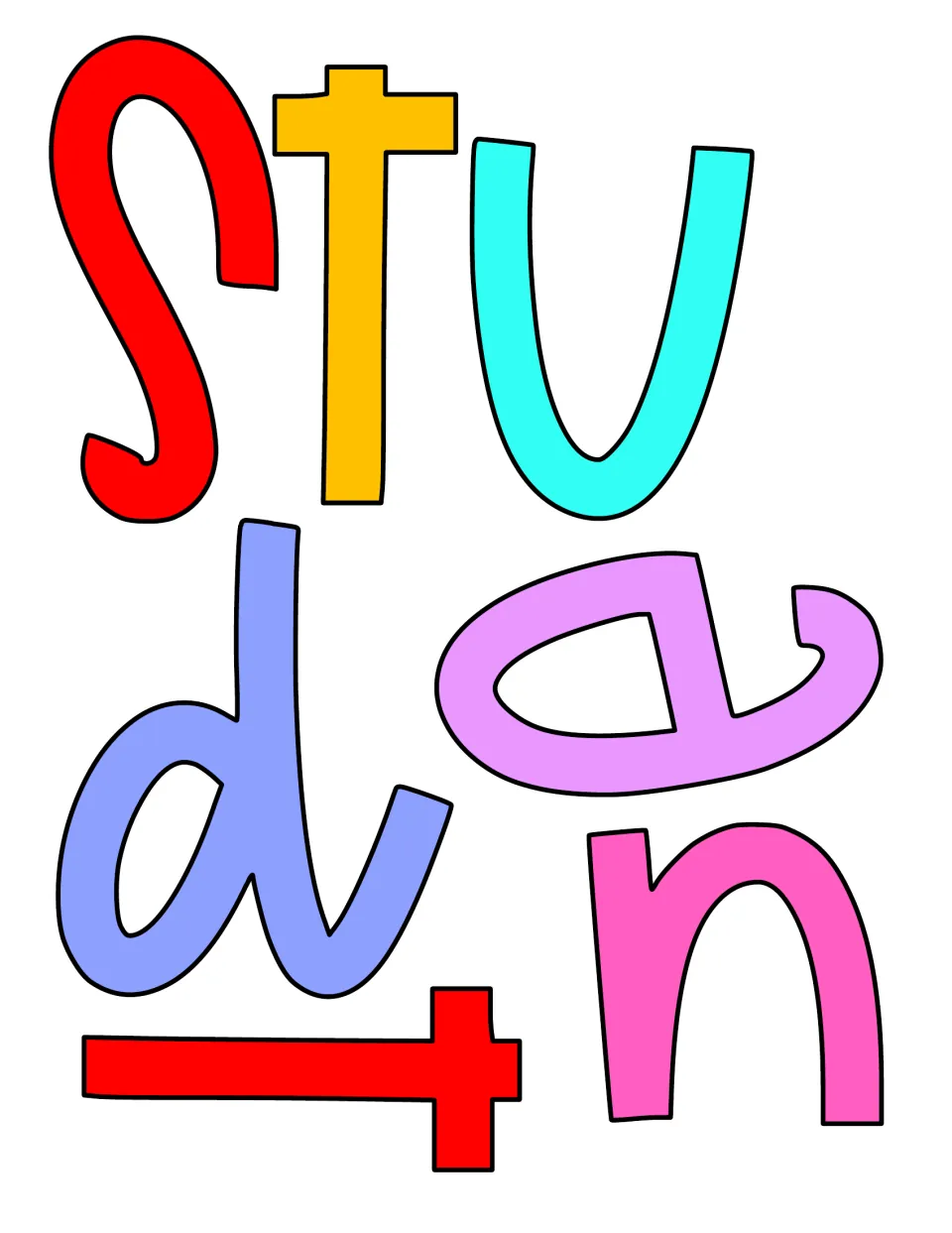 Cut-out piece: "student" in bold pre-colored letters of red, yellow, aqua, periwinkle, lilac and pink, ready to trim