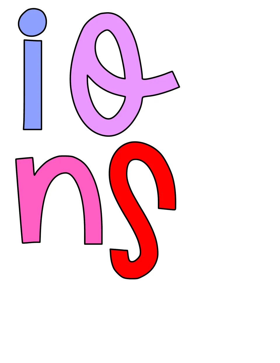 Cut-out piece: closing colored letters of "affirmations", a periwinkle i, pink n and red s, finishing the title