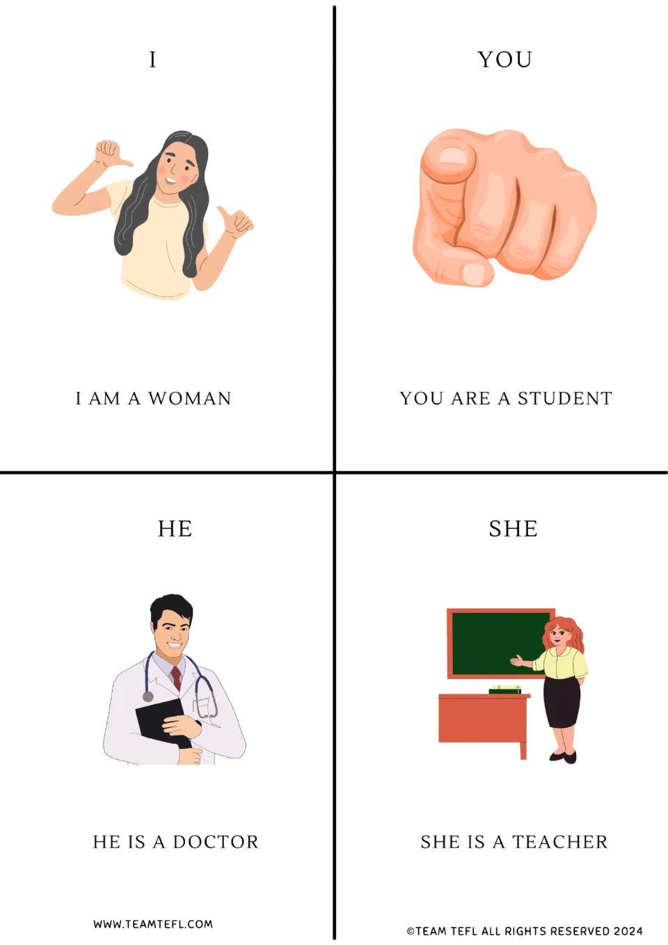 Subject pronoun flashcards for I, you, he, and she, with illustrated sentences about a woman, student, doctor, teacher