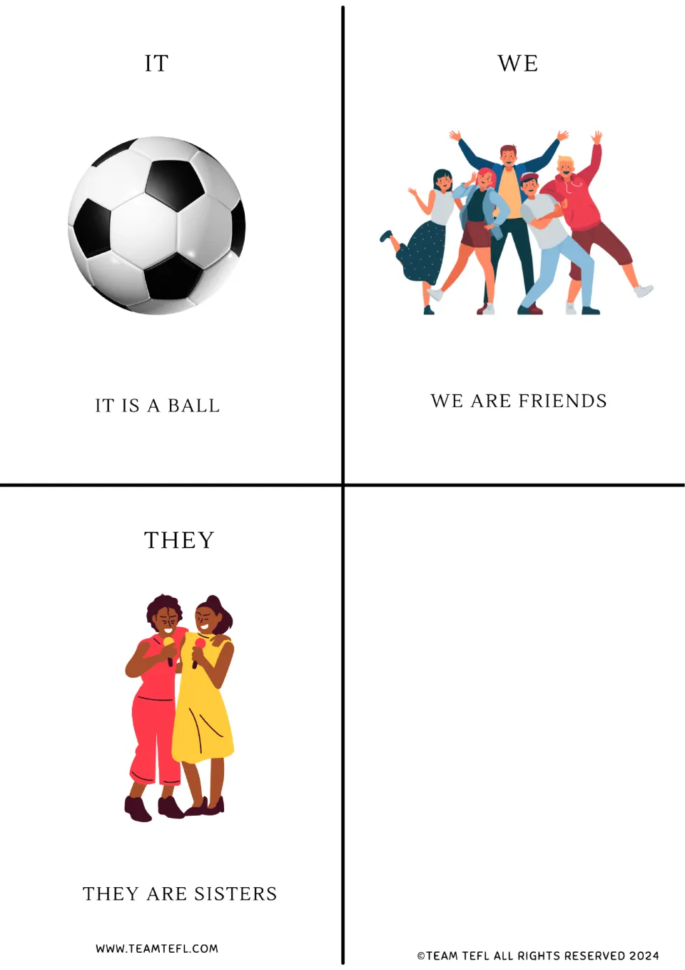 Subject pronoun flashcards: it, we, and they, with sentences 'It is a ball,' 'We are friends,' and 'They are sisters'