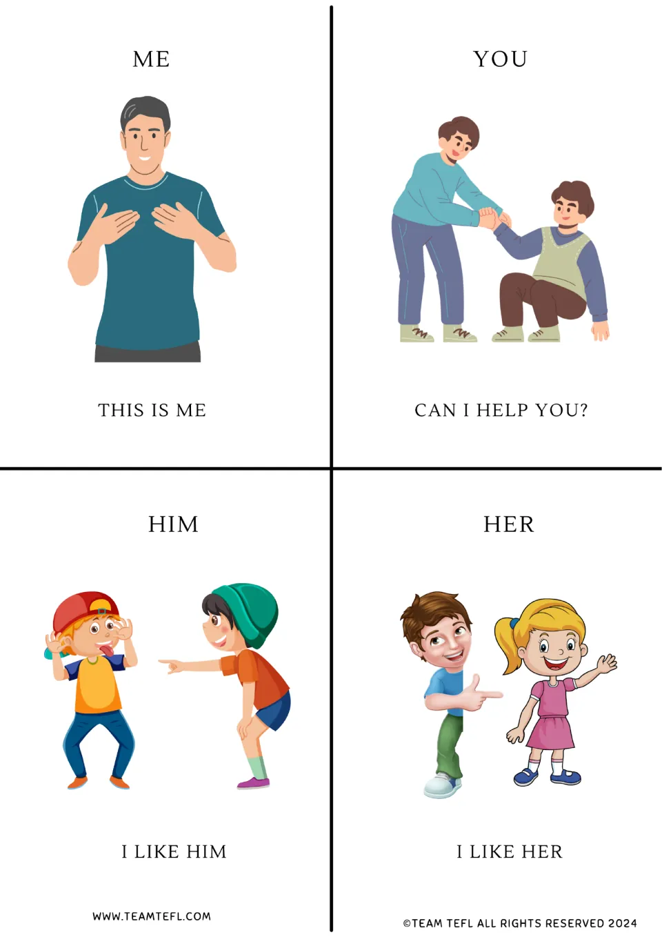 Object pronoun flashcards: me, you, him, and her, with 'This is me,' 'Can I help you?' and two 'I like' sentences