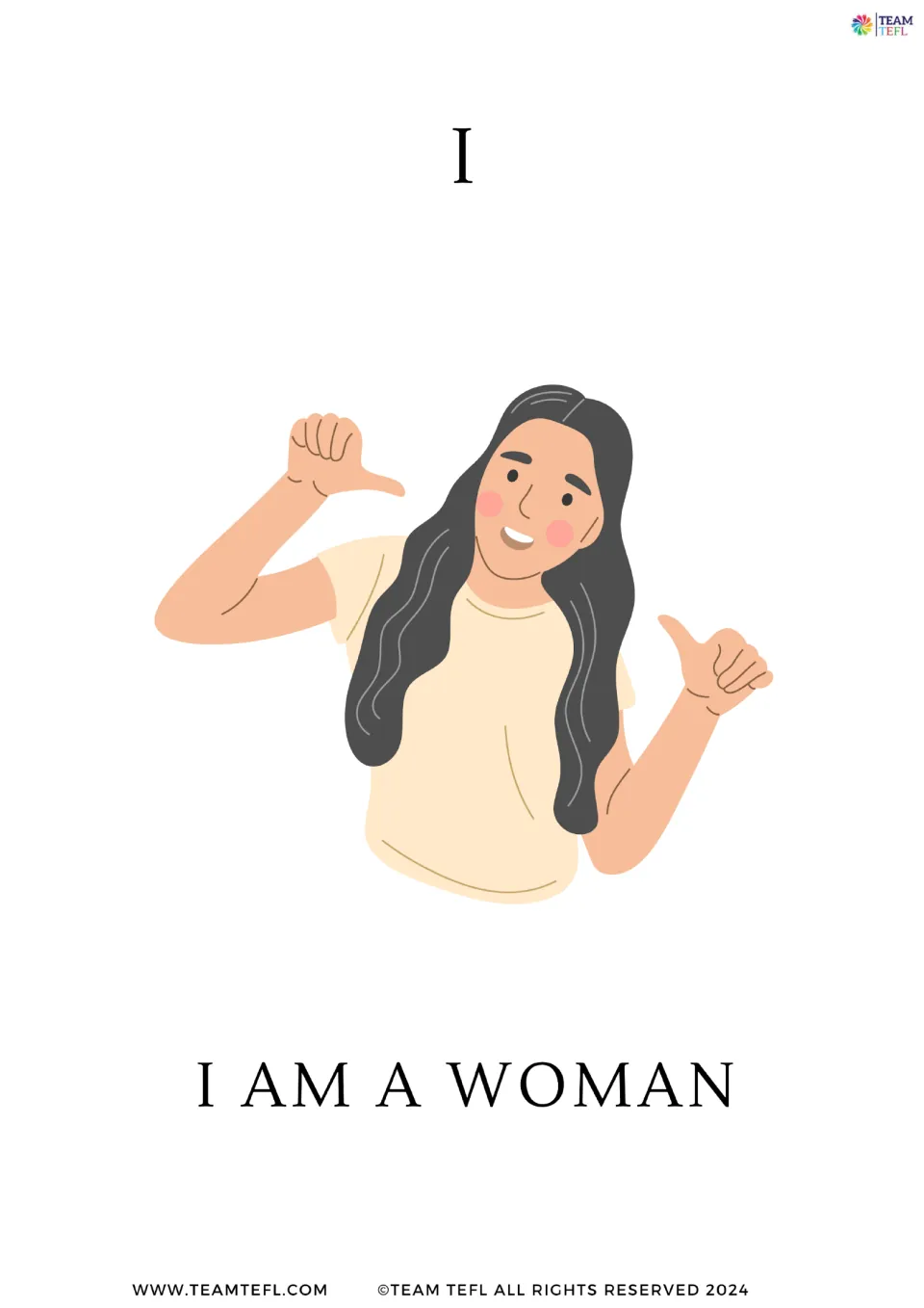 Full-page subject pronoun flashcard for I, showing a woman pointing to herself and the sentence 'I am a woman'