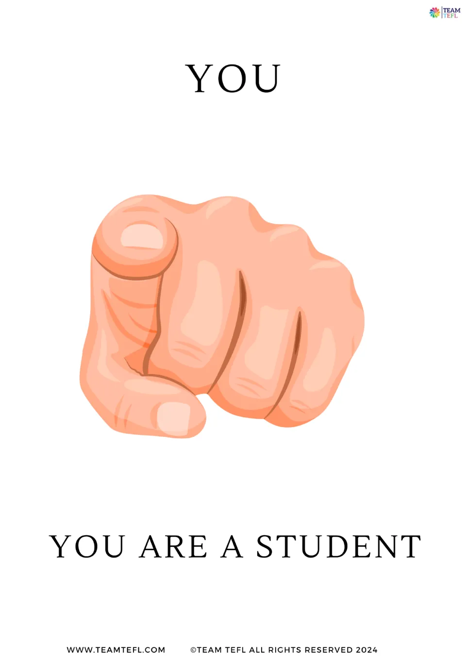 Full-page subject pronoun flashcard for you, showing a pointing hand and the sentence 'You are a student'