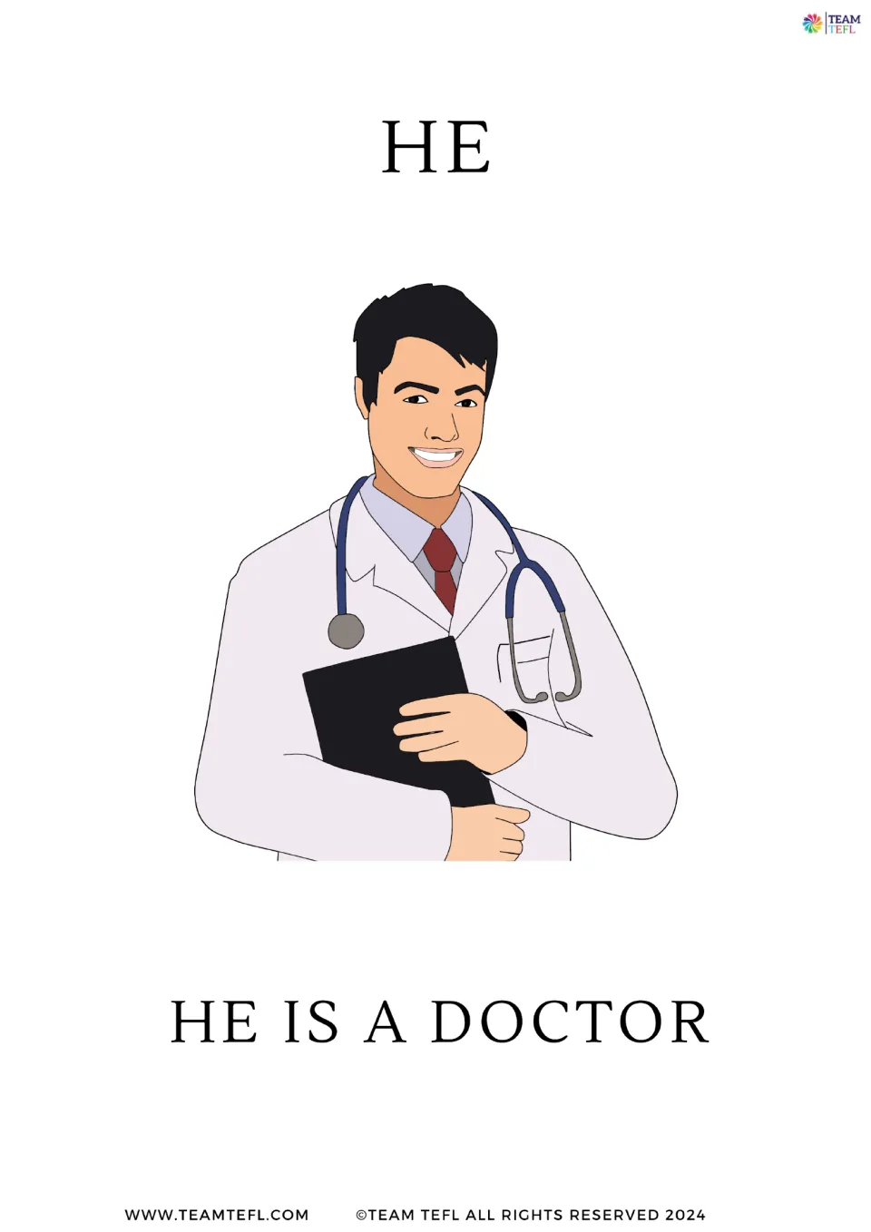 Full-page subject pronoun flashcard for he, showing a doctor with a stethoscope and the sentence 'He is a doctor'