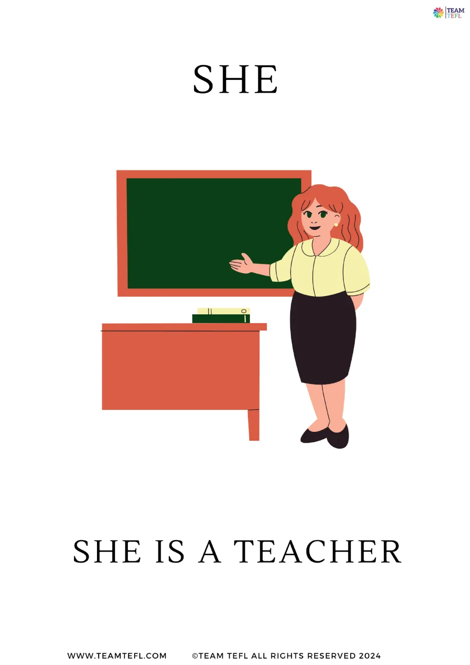 Full-page subject pronoun flashcard for she, showing a teacher beside a chalkboard and 'She is a teacher'