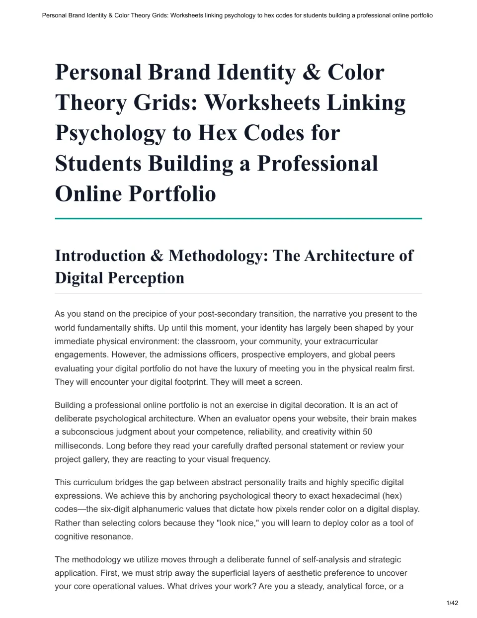 Workbook introduction connects personal values, color psychology, and hex codes for online portfolios.