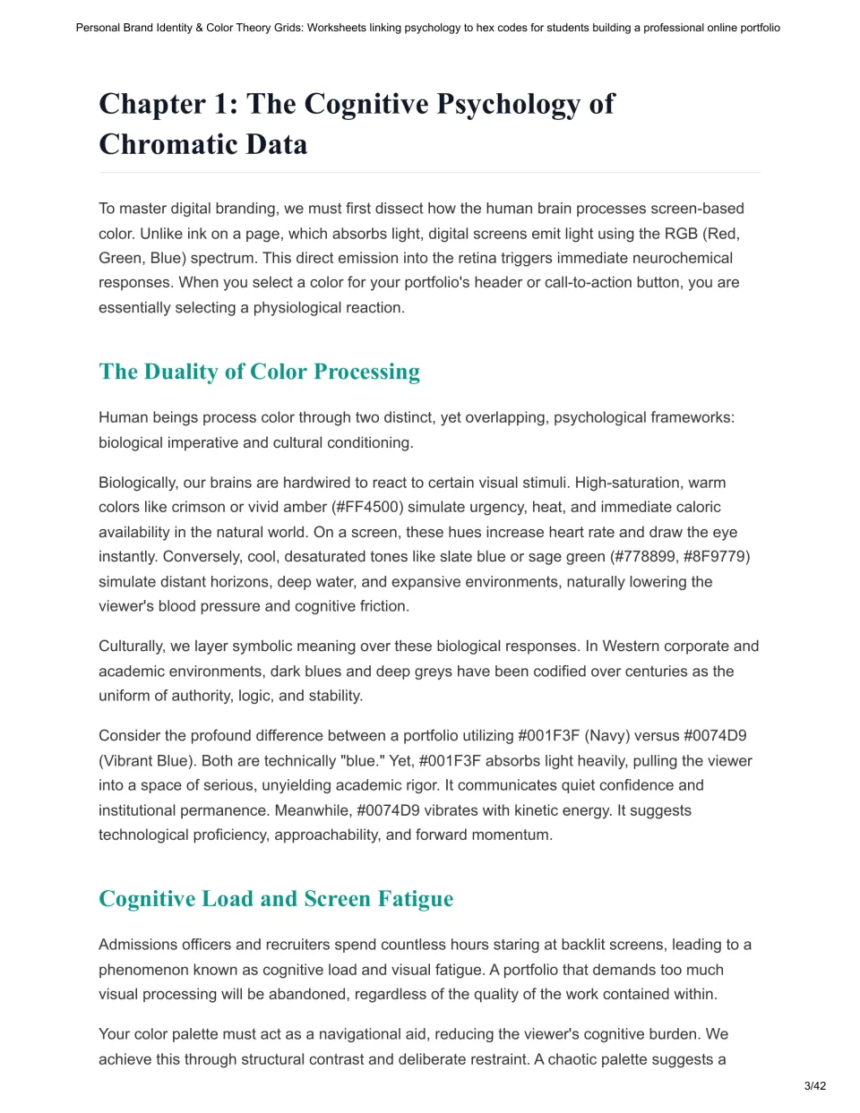 Chapter 1 explains biological and cultural color associations, navy versus vibrant blue, and screen fatigue.