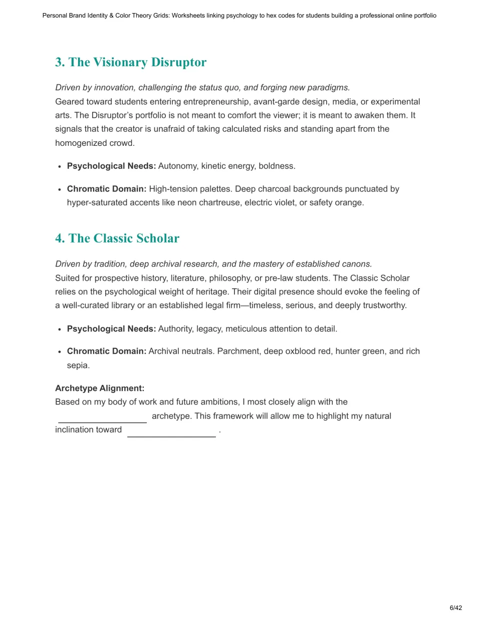 Chapter 2 presents the Visionary Disruptor and Classic Scholar, followed by an archetype alignment prompt.