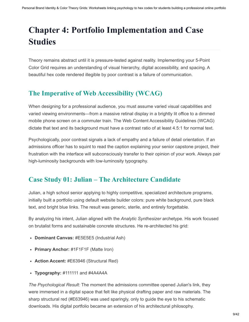 Chapter 4 introduces text contrast and accessibility, then examines Julian's architecture portfolio colors.