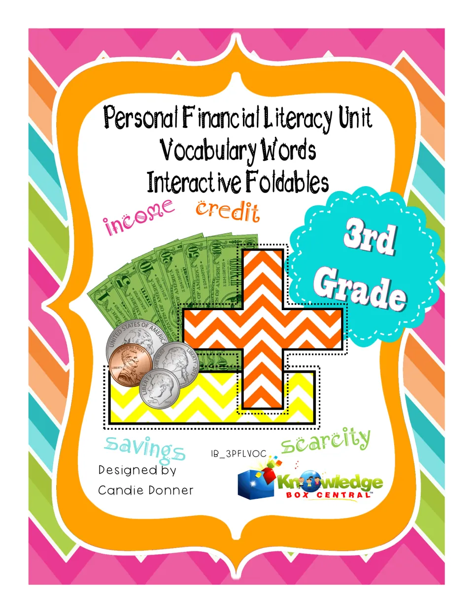 Cover of 3rd grade personal financial literacy vocabulary foldables with income, credit, savings and scarcity