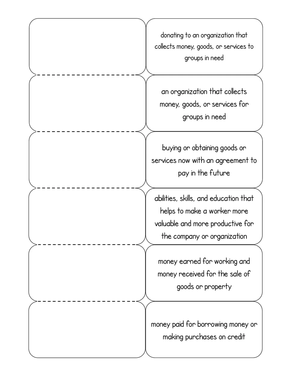 Definitions-only foldable for terms like charity, credit and income; students write each matching word on the flap