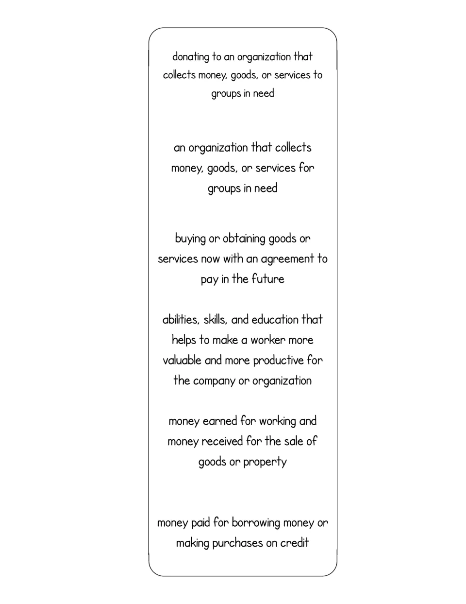 Definitions strip for charitable giving through interest paid, glued inside the words foldable as a reference