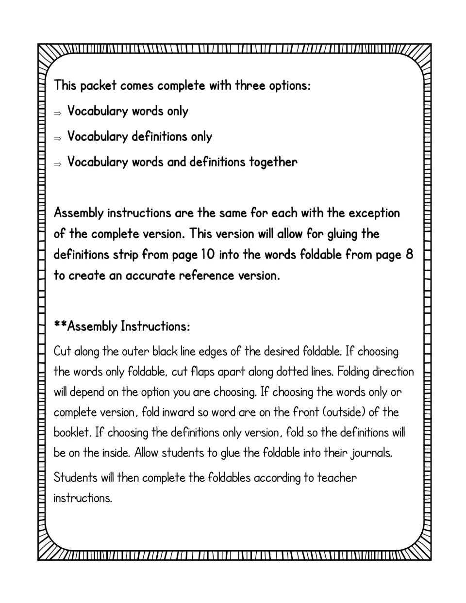 Assembly directions for the second foldable set, pairing the page 10 definitions strip with the page 8 words foldable