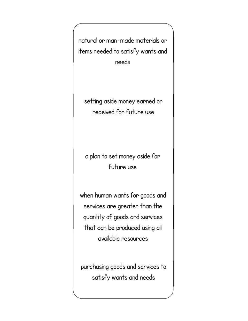 Definitions strip for resources through spending, including scarcity as wants greater than goods and services available