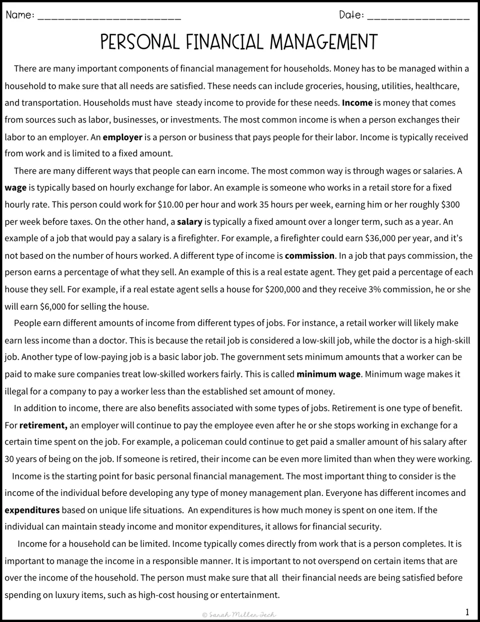 Household income reading passage: students read definitions of income, employer, wage, salary, commission and minimum wage