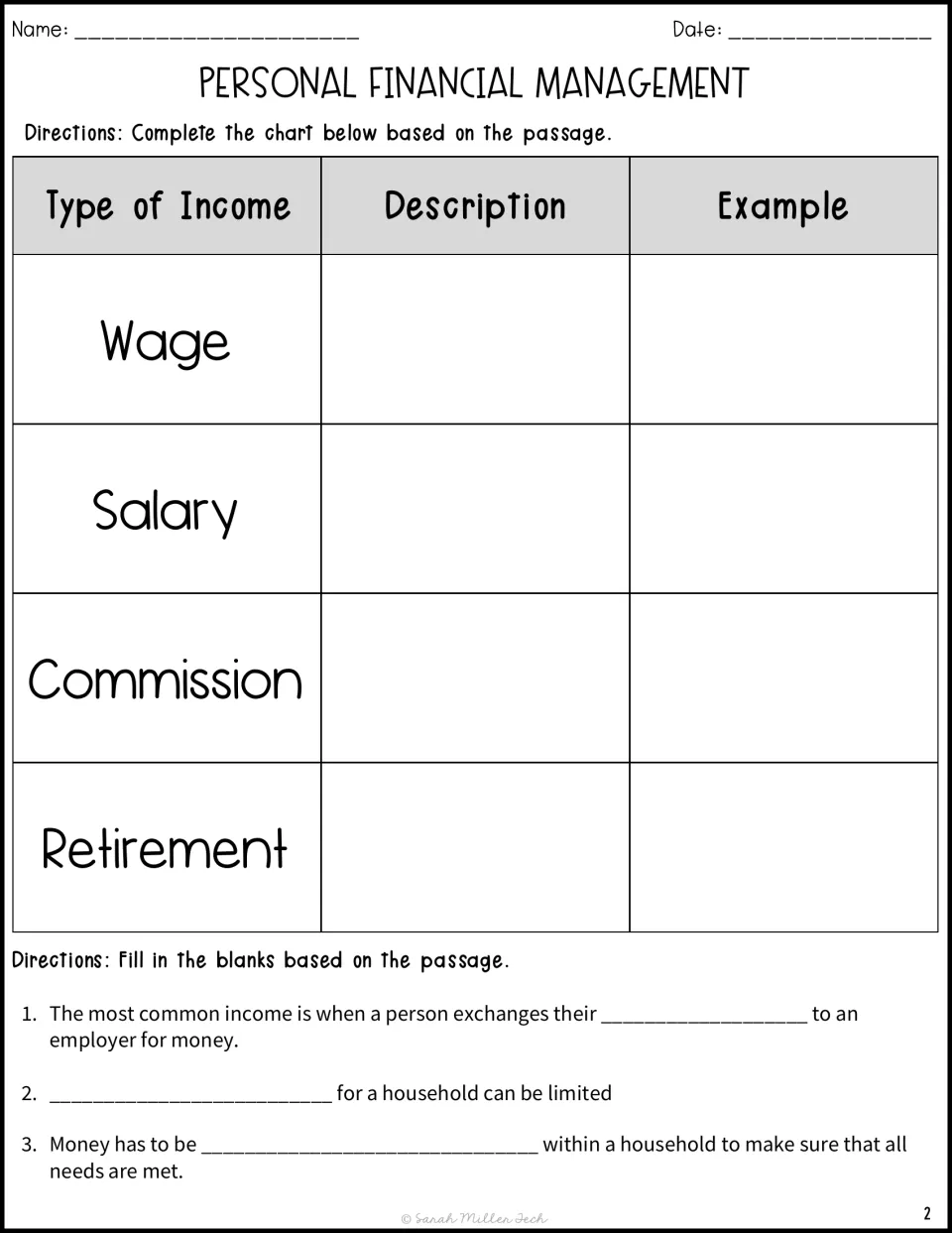 Types of income chart: students describe and give an example of wage, salary, commission and retirement, plus 3 blanks