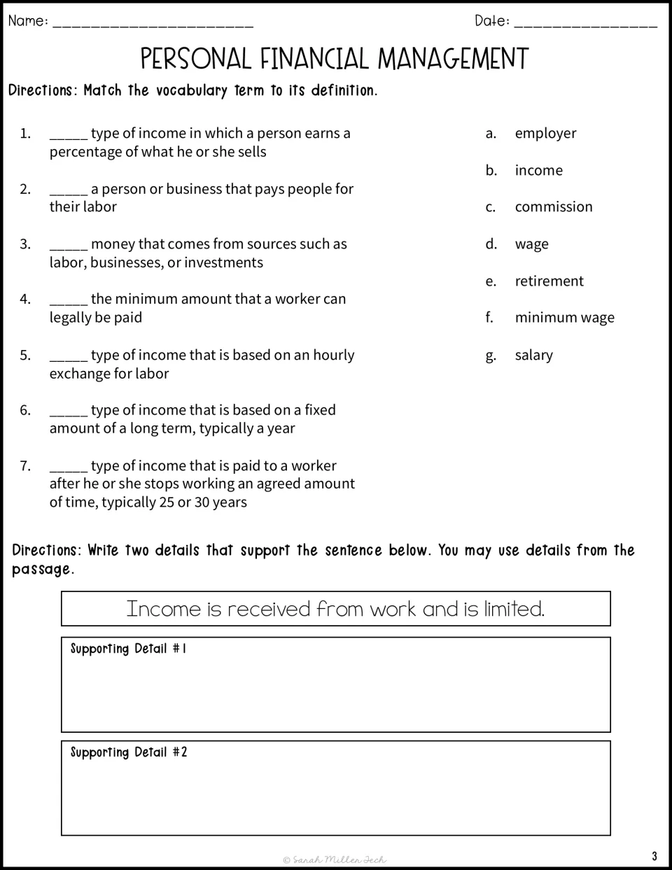 Income vocabulary matching: students pair 7 definitions with terms like wage and commission, then write 2 supporting details