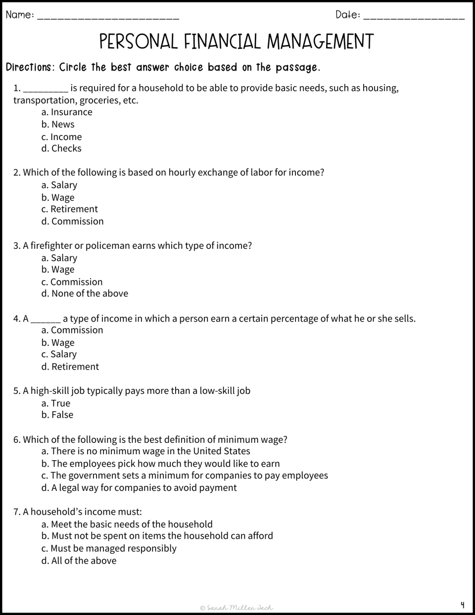 Income comprehension quiz: students circle the best answer for 7 questions on wages, salary, commission and minimum wage