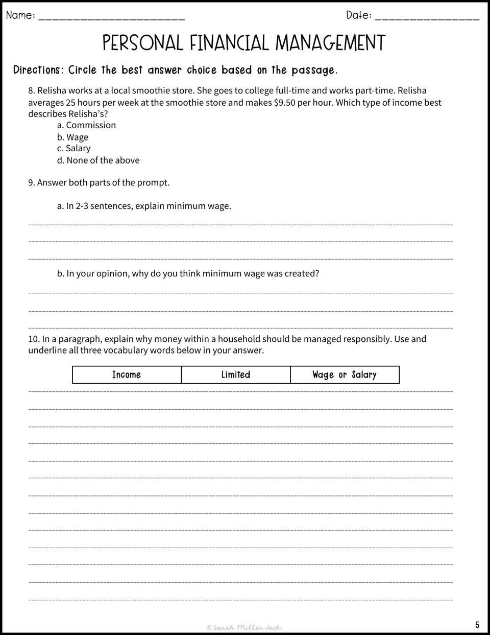 Income questions 8-10: students classify an hourly wage, explain minimum wage and write a paragraph on managing money