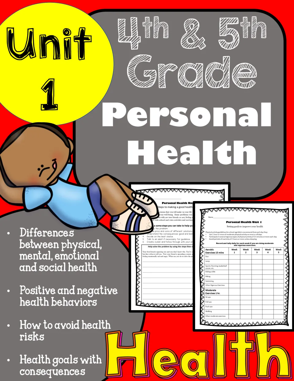Personal Health Unit 1 cover listing four wellness types, good and bad behaviors, avoiding risks and setting goals