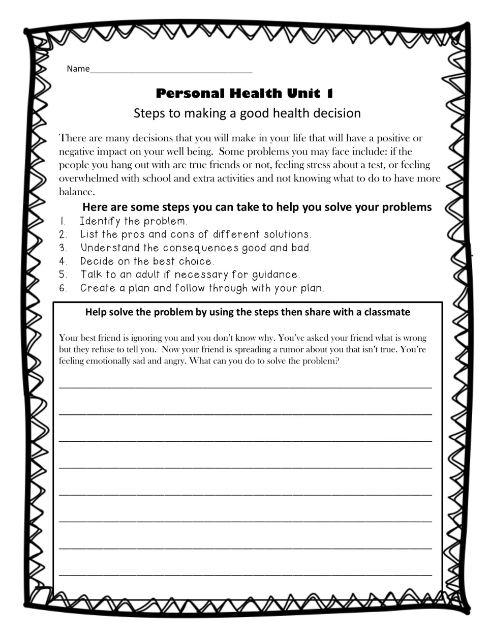 Good health decisions: six problem-solving steps, then students apply them to a friend spreading a rumor
