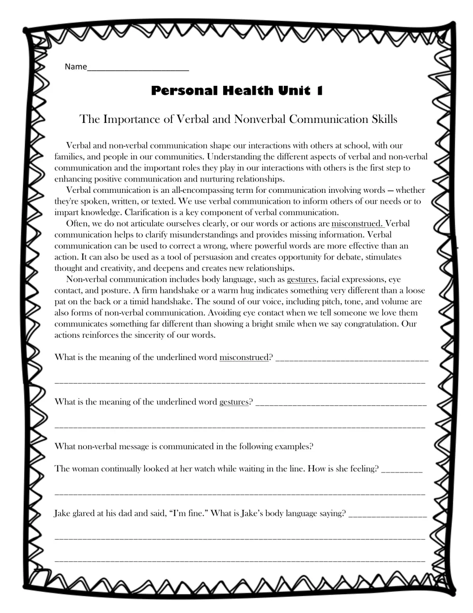 Verbal and nonverbal communication reading with questions on misconstrued, gestures and body-language examples