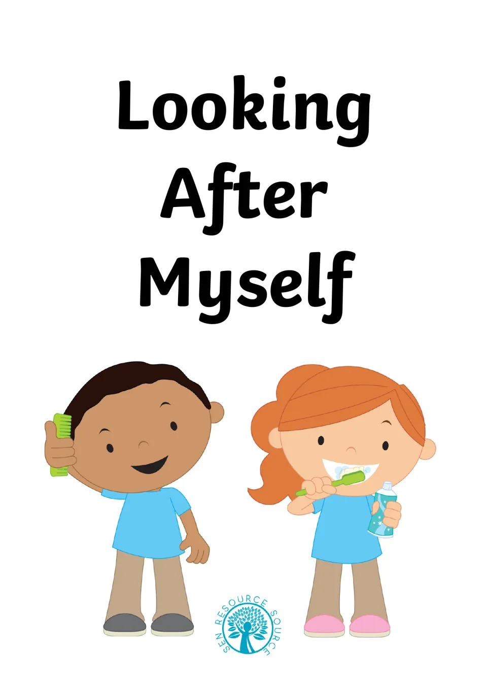 Looking After Myself cover showing a boy combing his hair and a girl brushing her teeth with a toothbrush and toothpaste